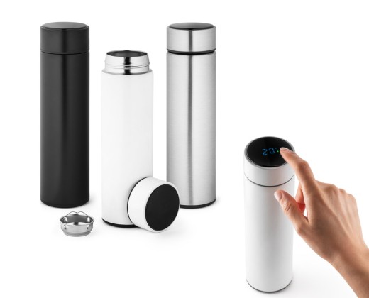 Garrafa térmica em aço inox de parede dupla isolada a vácuo, com termômetro digital (450 mL) brinde