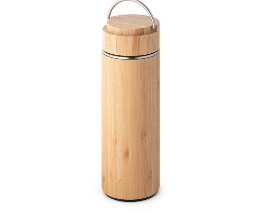 Garrafa térmica em aço inox e bambu, de parede dupla isolada a vácuo (440 mL) brinde