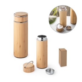 Garrafa térmica em aço inox e bambu, de parede dupla isolada a vácuo (440 mL) brinde