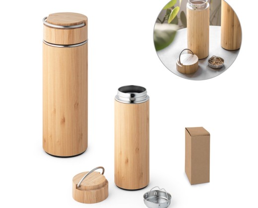 Garrafa térmica em aço inox e bambu, de parede dupla isolada a vácuo (440 mL) brinde