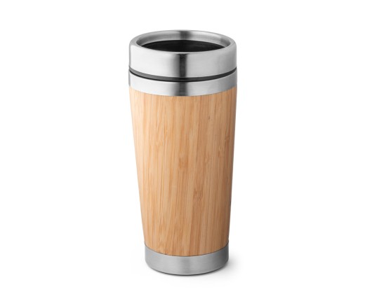 Copo de viagem térmico em aço inox e bambu, de parede dupla isolada a ar (500 mL) com logotipo