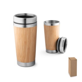 Copo de viagem térmico em aço inox e bambu, de parede dupla isolada a ar (500 mL) com logotipo
