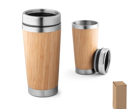 Copo de viagem térmico em aço inox e bambu, de parede dupla isolada a ar (500 mL) com logotipo