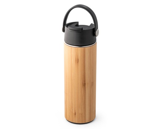 Garrafa térmica em aço inox e bambu, de parede dupla isolada a vácuo (440 mL) promocional