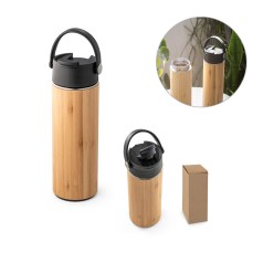 Garrafa térmica em aço inox e bambu, de parede dupla isolada a vácuo (440 mL) promocional