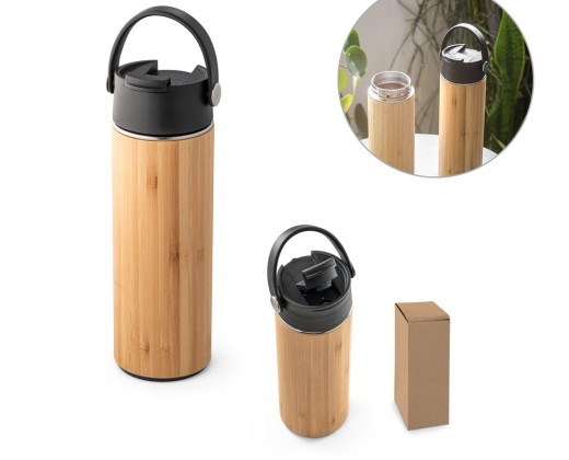 Garrafa térmica em aço inox e bambu, de parede dupla isolada a vácuo (440 mL) promocional