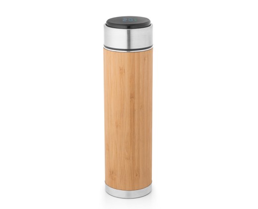 Garrafa térmica em aço inox e bambu, de parede dupla isolada a vácuo, com termómetro digital (430 mL) personalizado