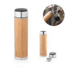 Garrafa térmica em aço inox e bambu, de parede dupla isolada a vácuo, com termómetro digital (430 mL) personalizado