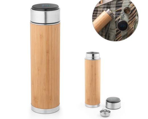 Garrafa térmica em aço inox e bambu, de parede dupla isolada a vácuo, com termómetro digital (430 mL) personalizado