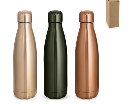 Garrafa térmica em aço inox de parede dupla isolada a vácuo, com acabamento metalizado (510 mL) promocional