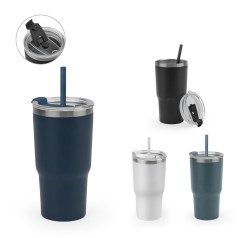 Copo de viagem térmico e compacto, em aço inox 91% reciclado de parede dupla isolada a vácuo, com acabamento mate (600 mL) promocional