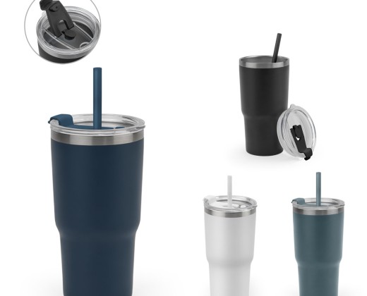 Copo de viagem térmico e compacto, em aço inox 91% reciclado de parede dupla isolada a vácuo, com acabamento mate (600 mL) promocional