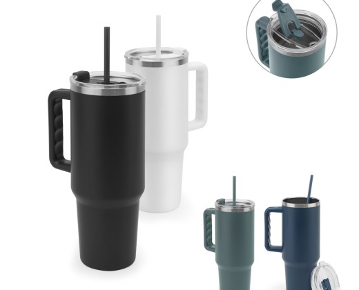 Copo de viagem térmico, de grande dimensão, em aço inoxidável 91% reciclado de parede dupla isolada a vácuo (1300 mL) com logotipo