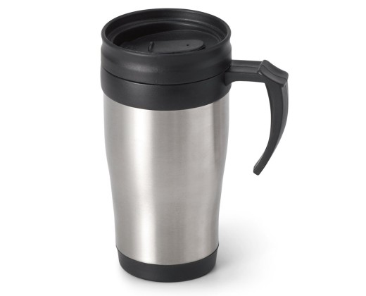 Caneca de viagem térmica de aço inox e PP, de parede dupla isolada a ar (420 mL) brinde