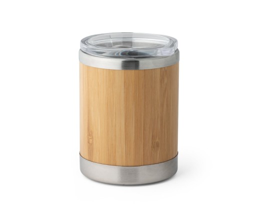 Copo de viagem térmico em aço inox e bambu, de parede dupla isolada a ar e fecho deslizante (350 mL) com logotipo