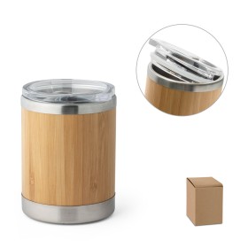 Copo de viagem térmico em aço inox e bambu, de parede dupla isolada a ar e fecho deslizante (350 mL) com logotipo