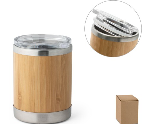 Copo de viagem térmico em aço inox e bambu, de parede dupla isolada a ar e fecho deslizante (350 mL) com logotipo